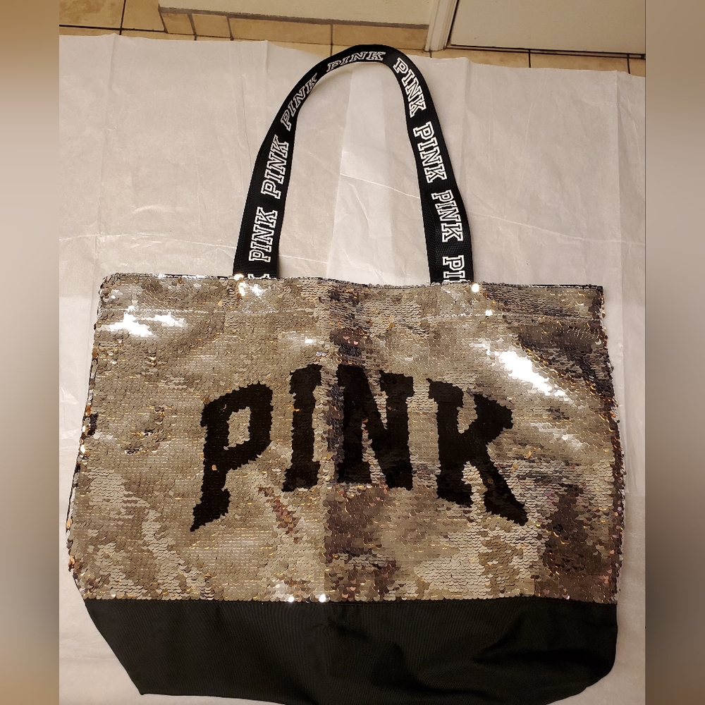 Victoria's Secret PINK Silver and Gold Sequin Large Tote Bag NWOT